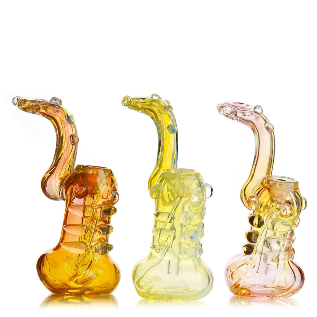Three colorful glass water pipes in orange, yellow, and pink hues for durable glass bubbler