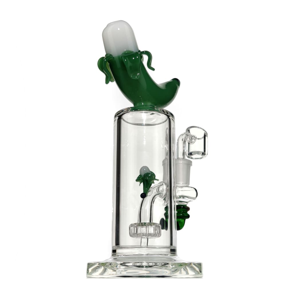 Banana dab rig with fixed showerhead percolator, sculpted banana mouthpiece, green ghost glass pipe