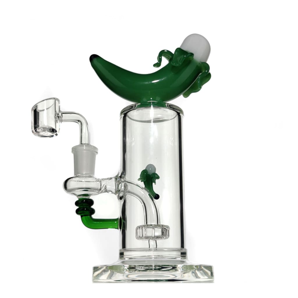 Banana dab rig with fixed showerhead percolator and sculpted banana mouthpiece