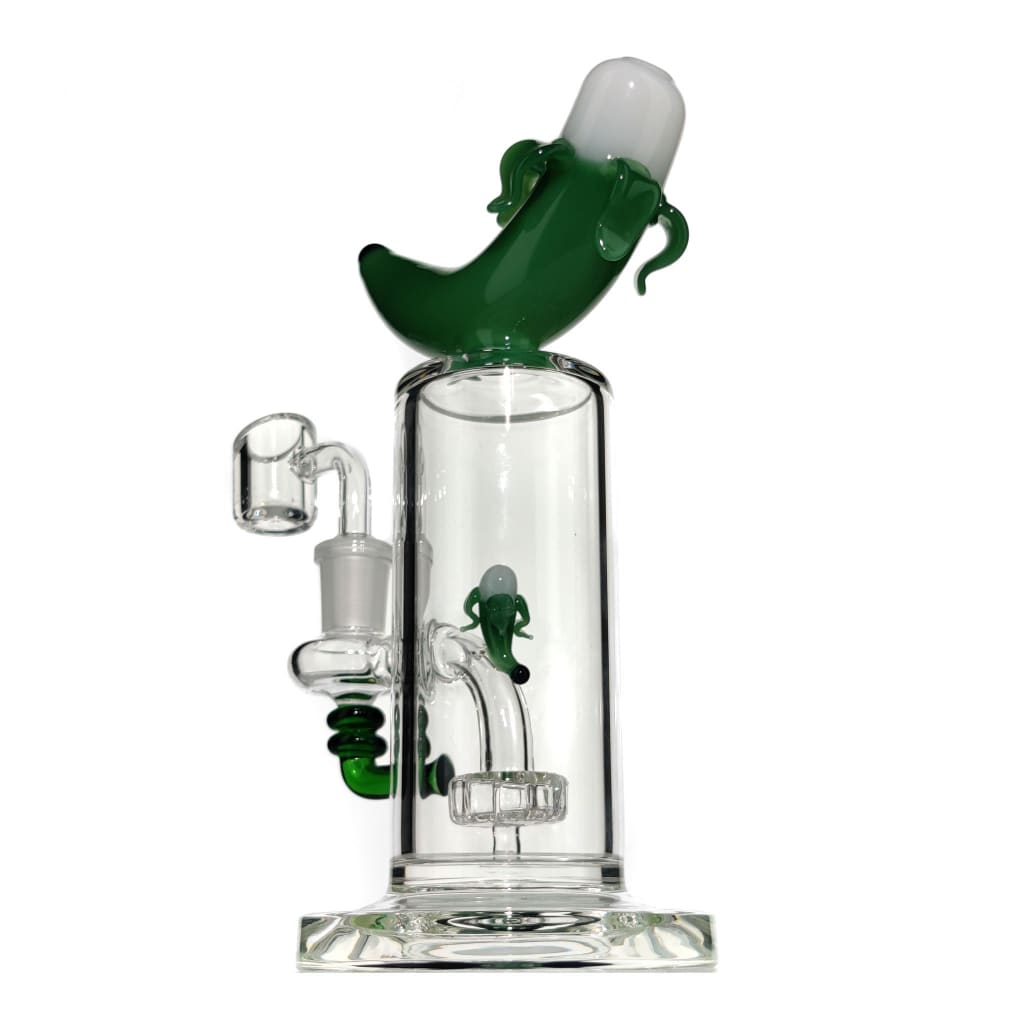 Banana dab rig with fixed showerhead percolator and sculpted banana mouthpiece