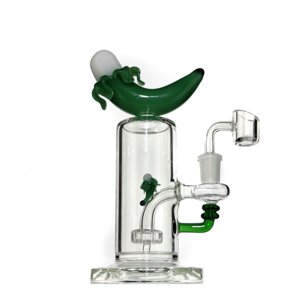 Banana dab rig with fixed showerhead percolator and sculpted banana mouthpiece