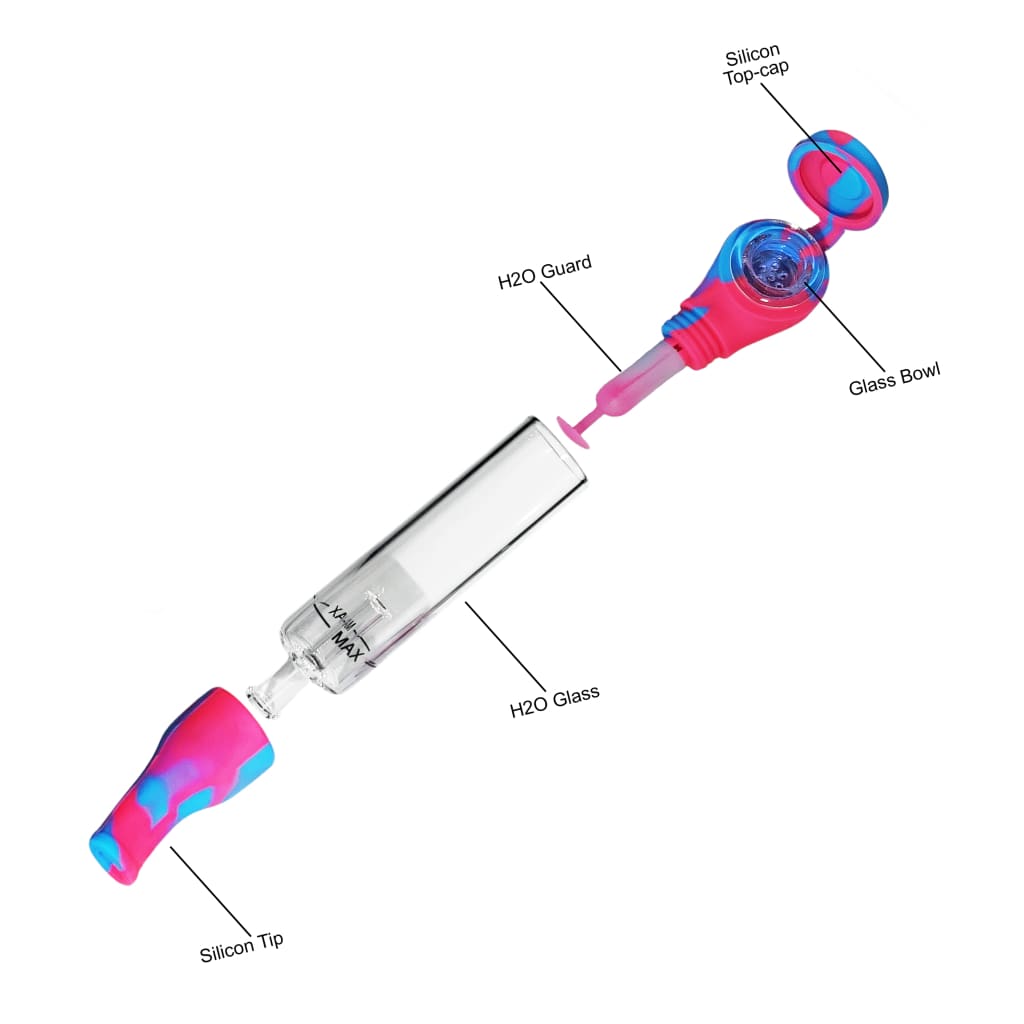 Disassembled Sunakin H2og Sunpipe water pipe in pink and blue silicone and glass