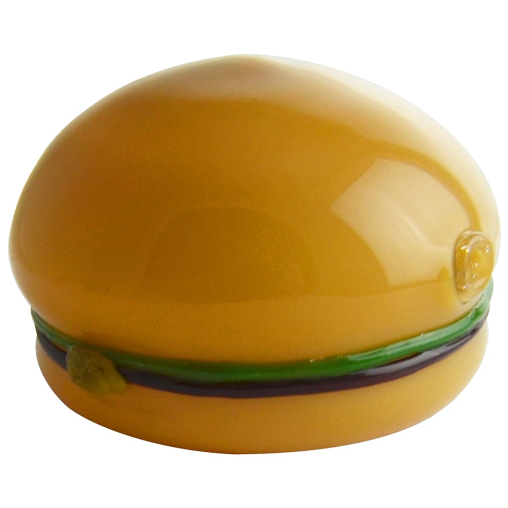 Glossy yellow ceramic hamburger pipe trinket box with lettuce and meat layers
