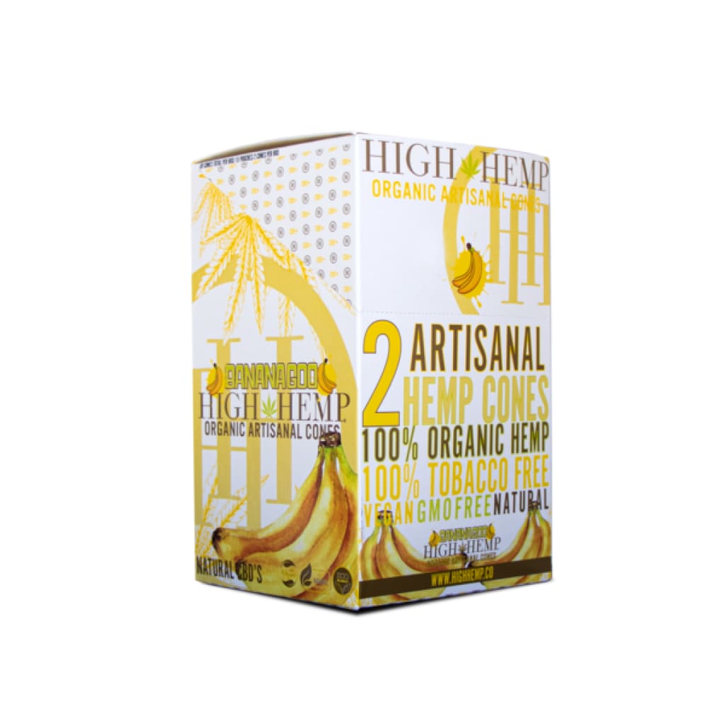 Box of High Hemp Organic Wrap Cones with banana flavor for pre-roller cone filling