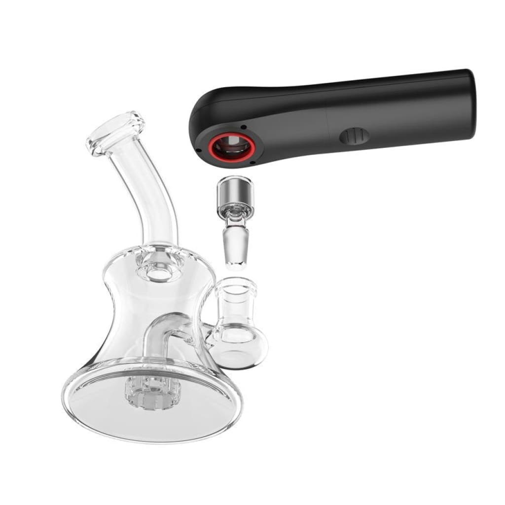 Clear glass bong with black and red mouthpiece in Ispire Sleek Portable E-torch Dab Kit