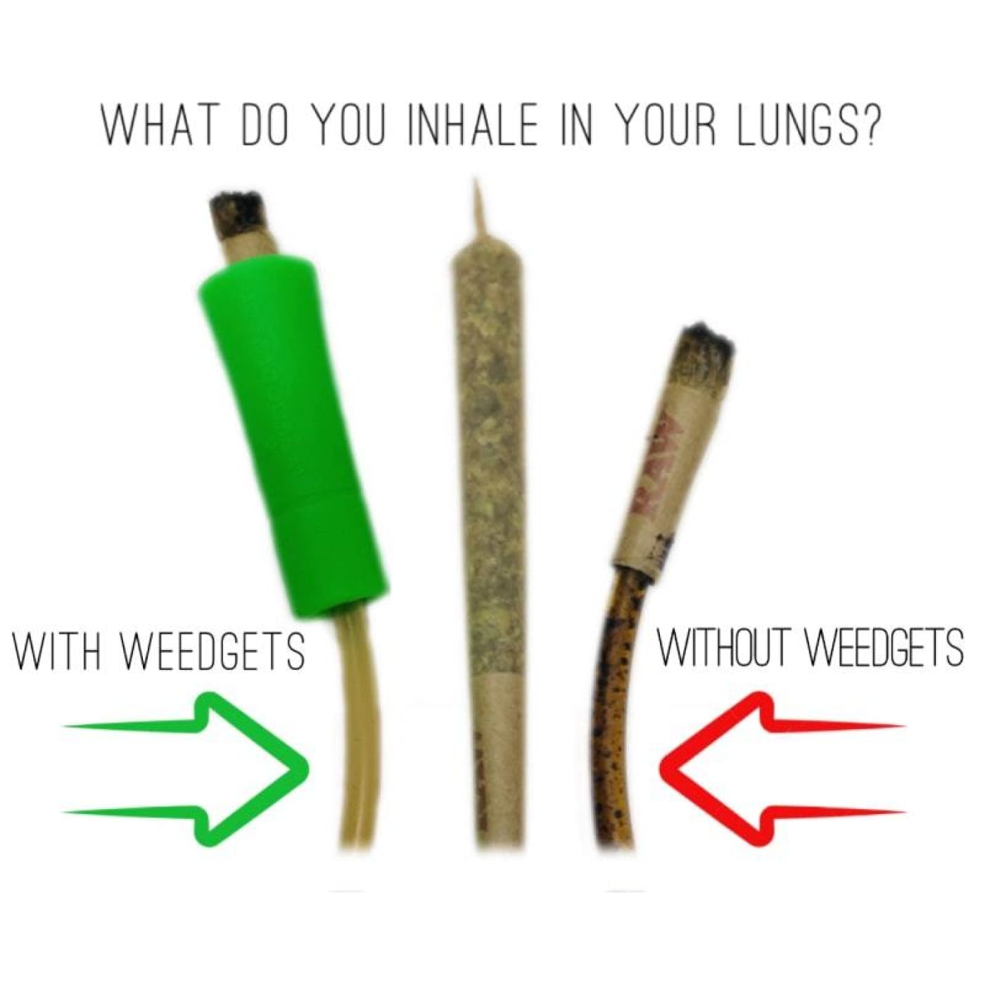 Three marijuana joints, one with green filter, beside Small Filter Weed Pipe Adapter