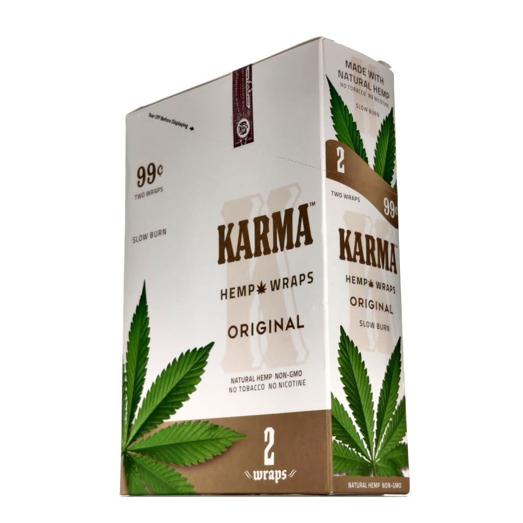 Karma Hemp Wraps package for legal blends with packing straws and cannabis leaf imagery