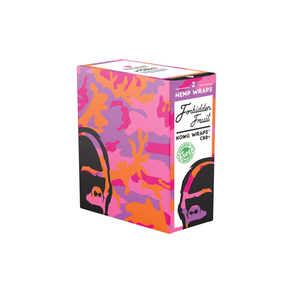 Colorful product box for ’Forbidden Fruit’ Kong Hemp Wraps 25ct with camo design and gorilla silhouettes
