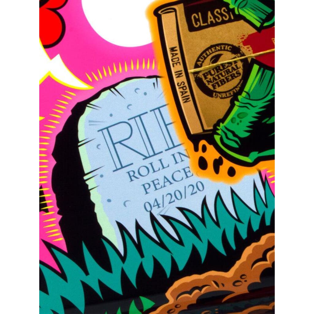 Limited Edition Raw Zombie Large Rolling Tray with colorful, stylized tombstone and wine bottle
