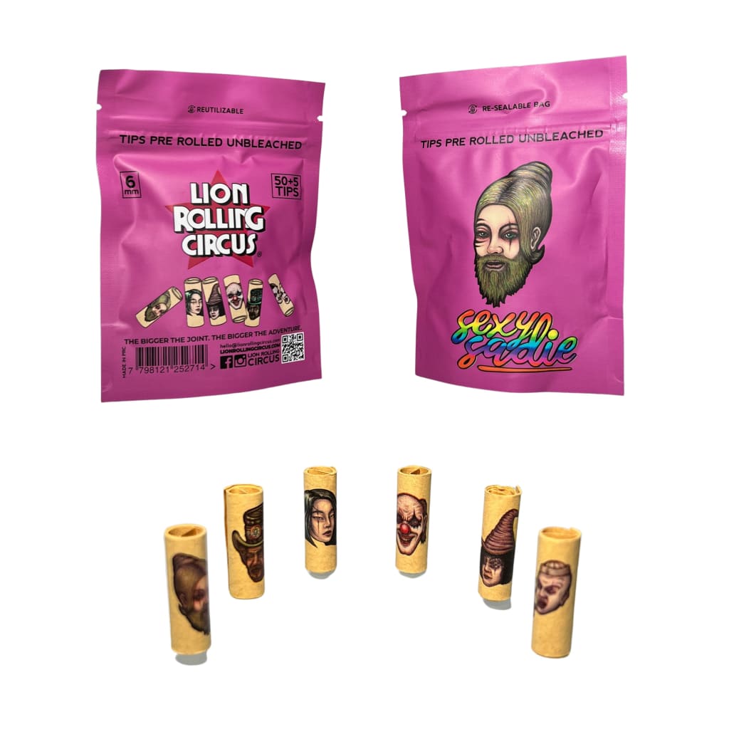 Lion Rolling Circus unbleached filter tips, pink packaging with colorful character designs