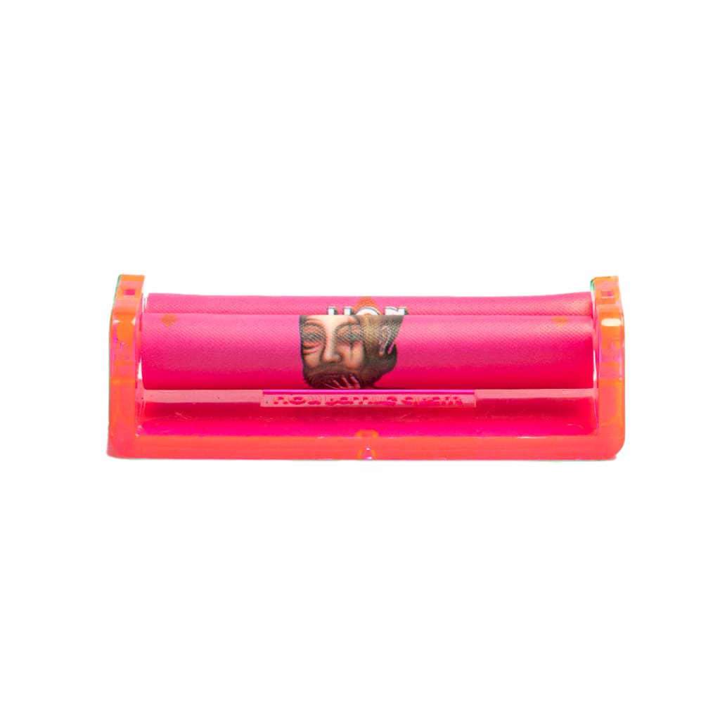 Pink and orange brightly colored roller by Lion Rolling Circus with decorative images
