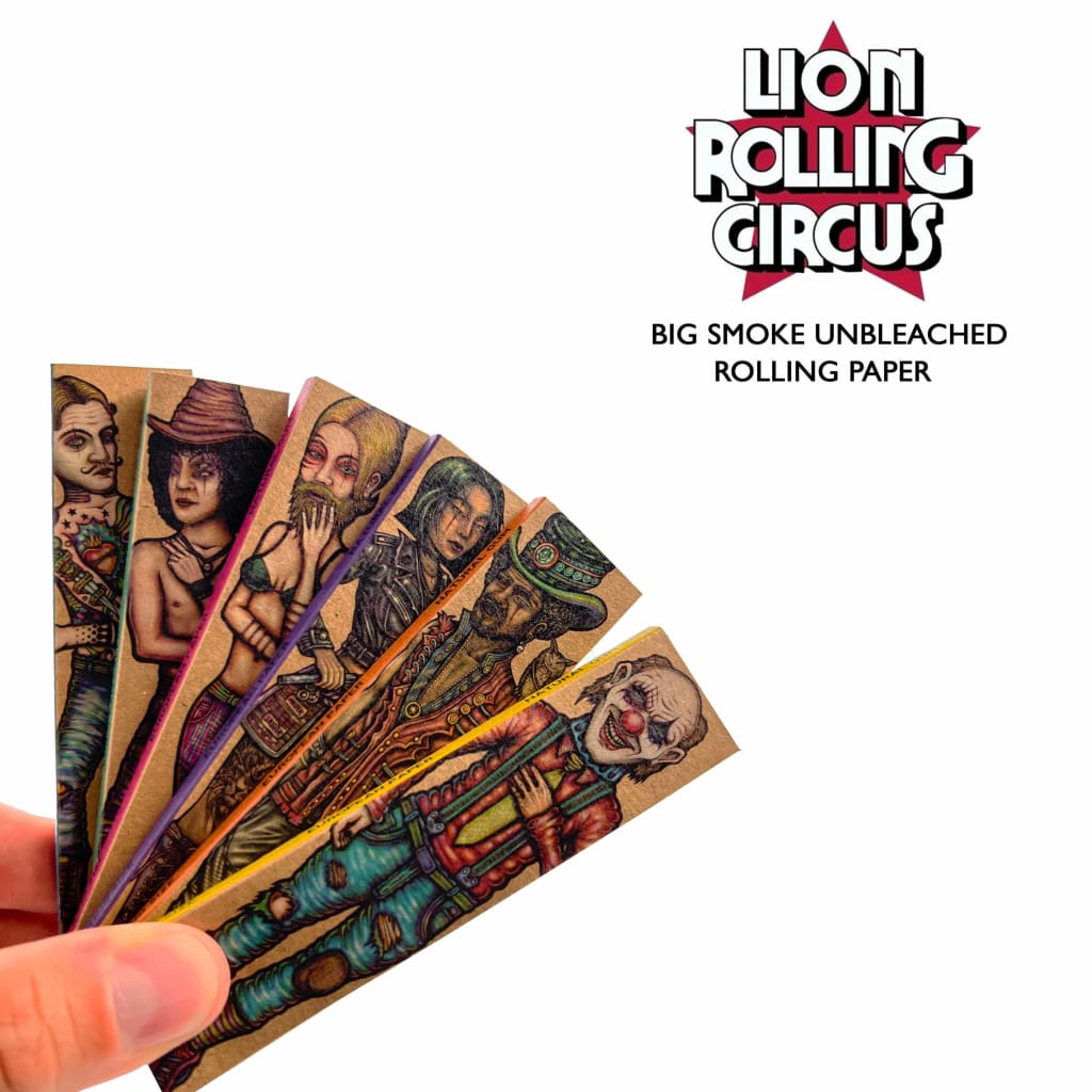 Fan-shaped Lion Rolling Circus unbleached king size papers with vibrant circus-themed art