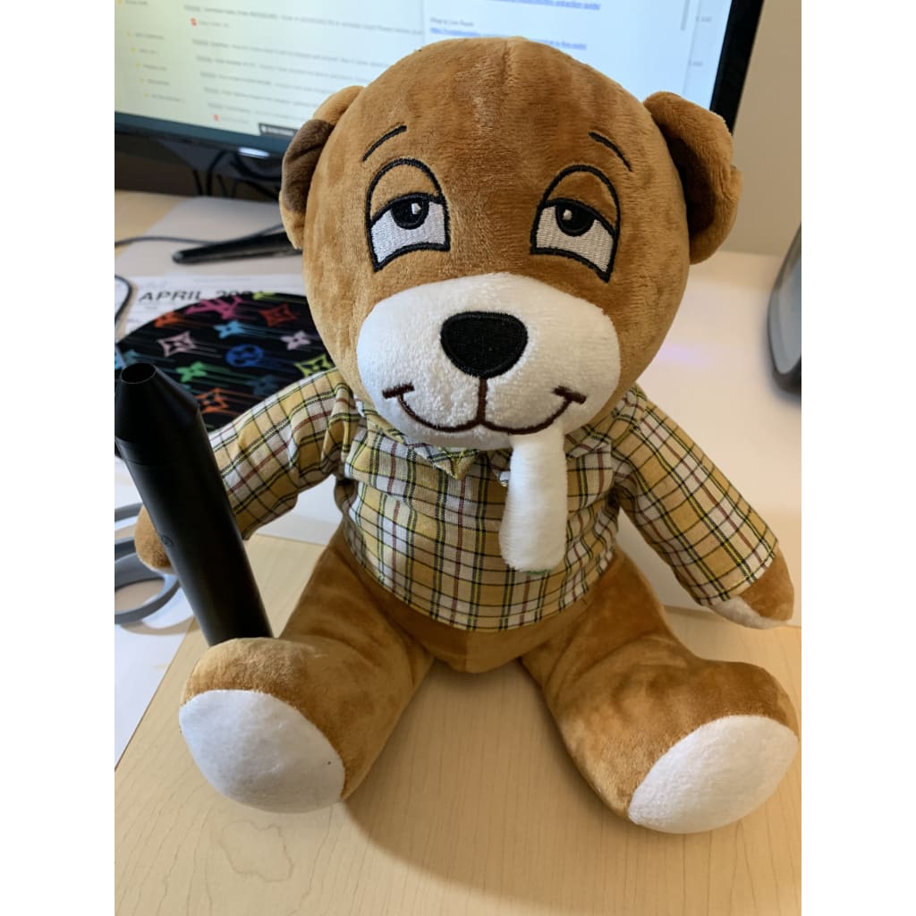 Brown teddy bear in plaid shirt, part of Lit Plush Benny cuddly smoking buddy gift
