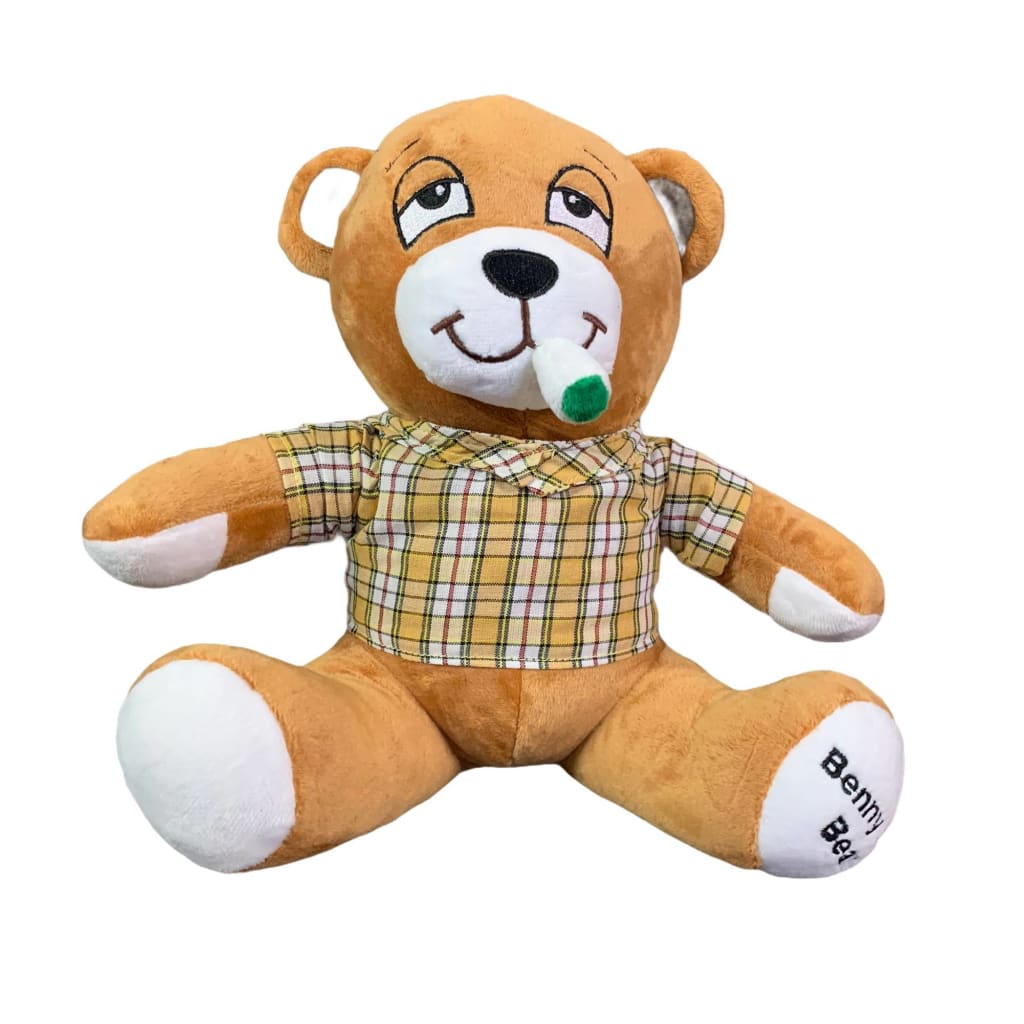 Plush teddy bear in yellow plaid shirt, perfect stoner gift, Lit Plush Benny