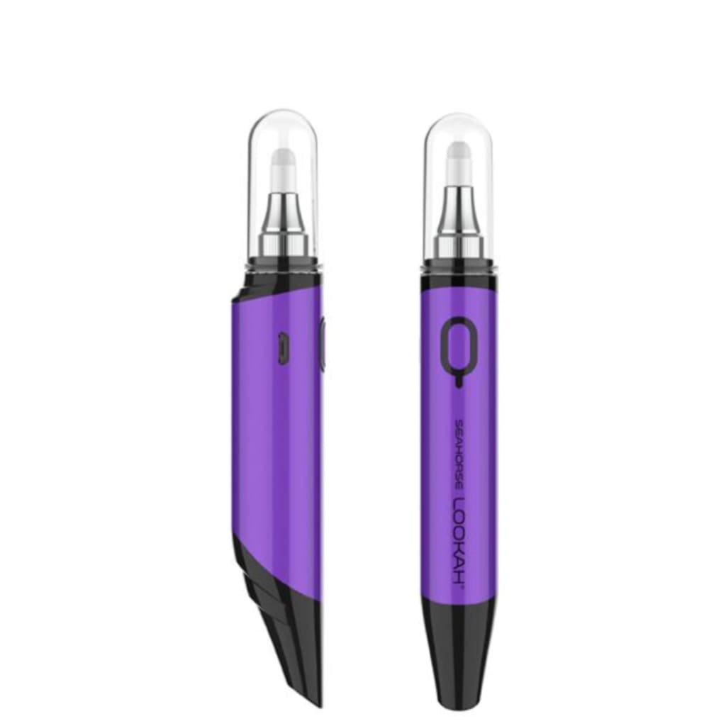 Purple and black Lookah Seahorse wax dab pen with quartz dip coil