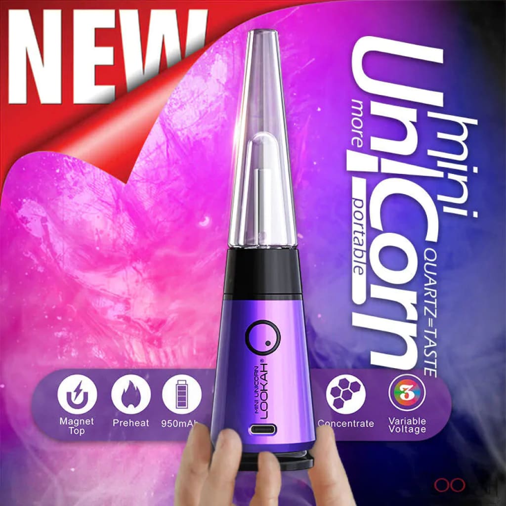 Purple Unicorn Mini electric dab with feature icons and a conical glass top. Under $100
