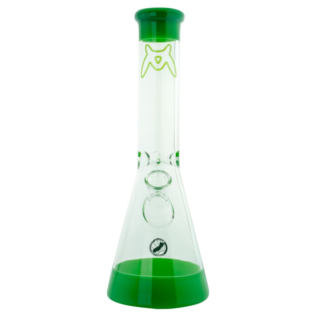 Mav Glass B44 beaker 44mm with green color lip and base featuring alien face design