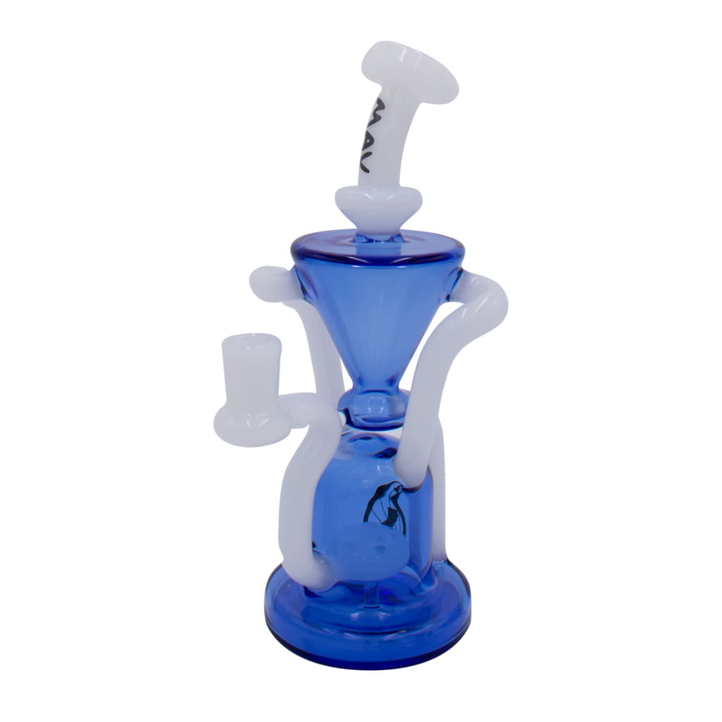 Glass Humboldt Recycler with waffle 4-hole inverted perc, curved blue glass water pipe