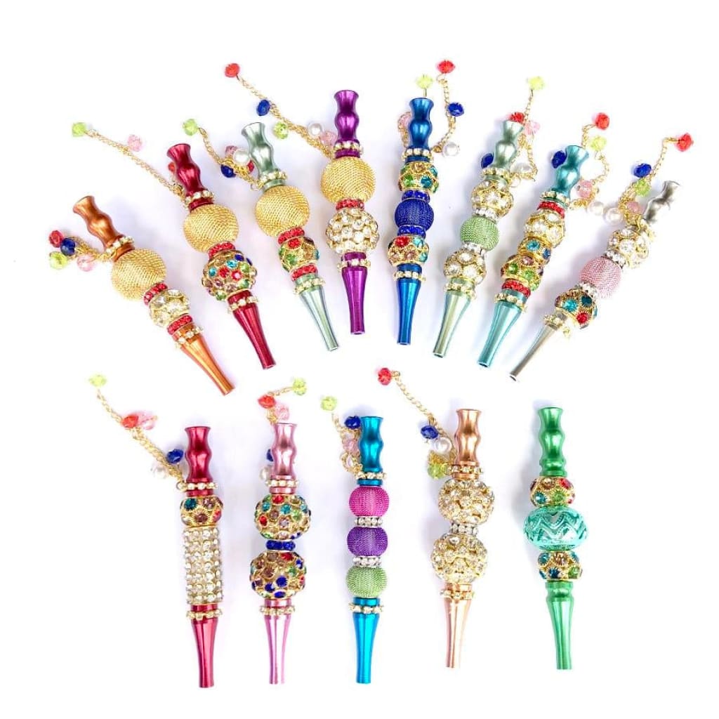 Colorful ornate beaded wands arranged in rows; elegant bling joint holder for dry herbs