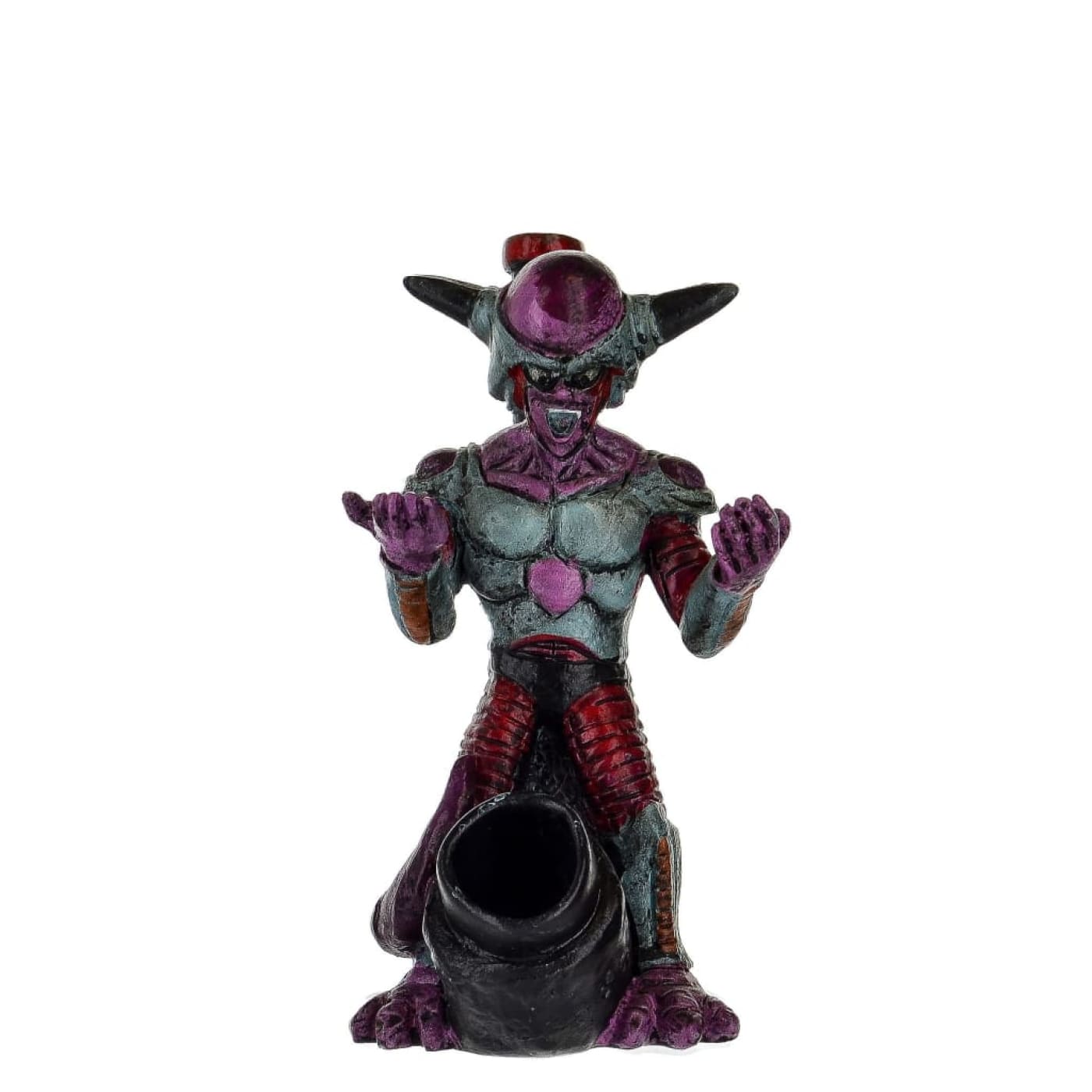 Hand-carved alien figurine with horns holding a wood pipe from our novelty wood pipes collection