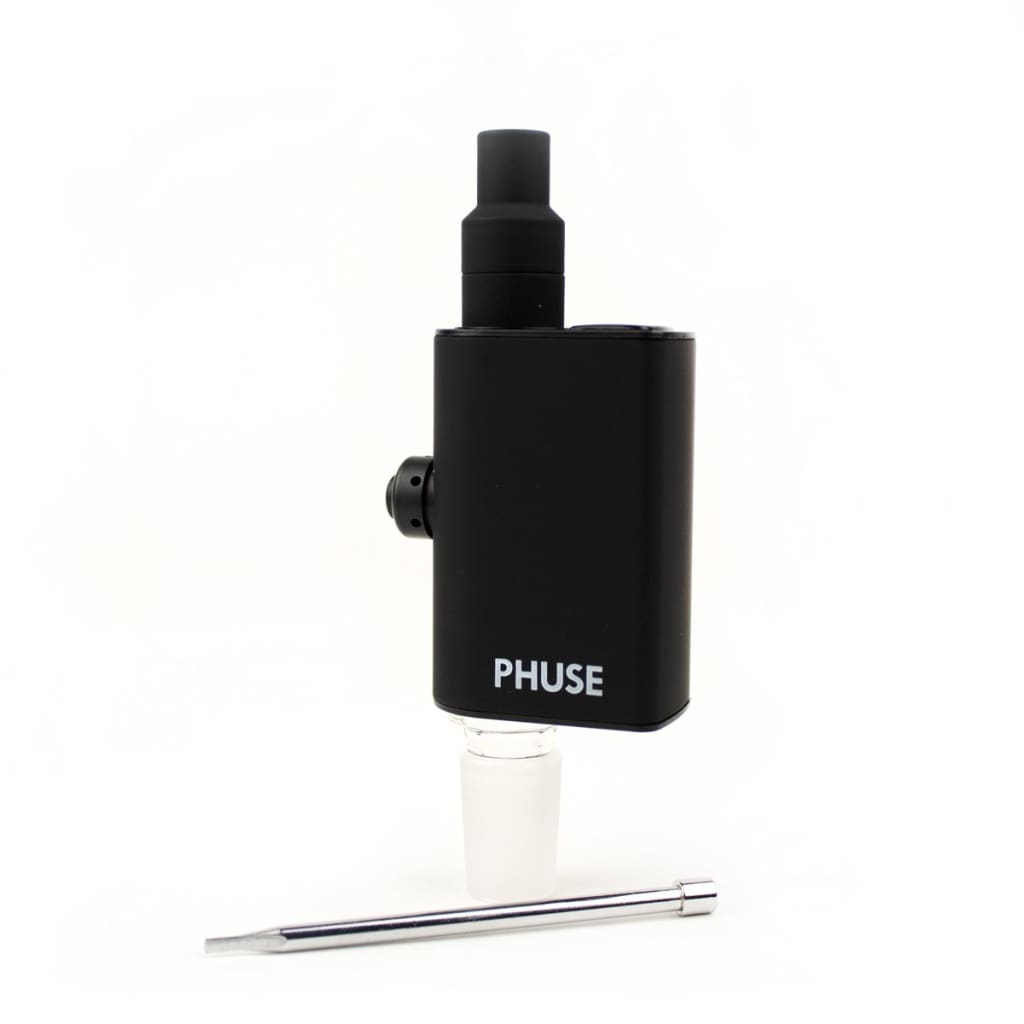 Black vaporizer labeled ’PHUSE’ with USB-C tool, ceramic heating element, 850mAh battery