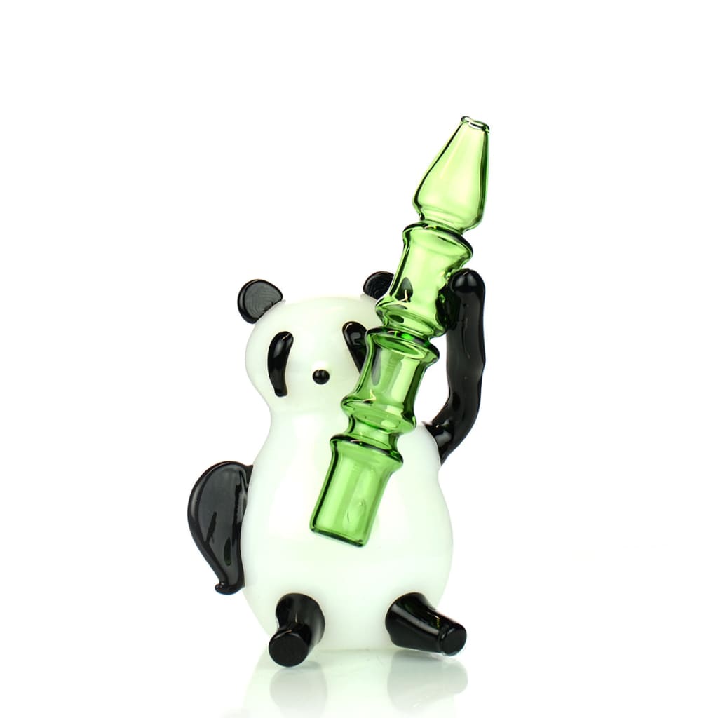 Glass panda-shaped water pipe with green stem; tall 14mm male bowl for bongs featured