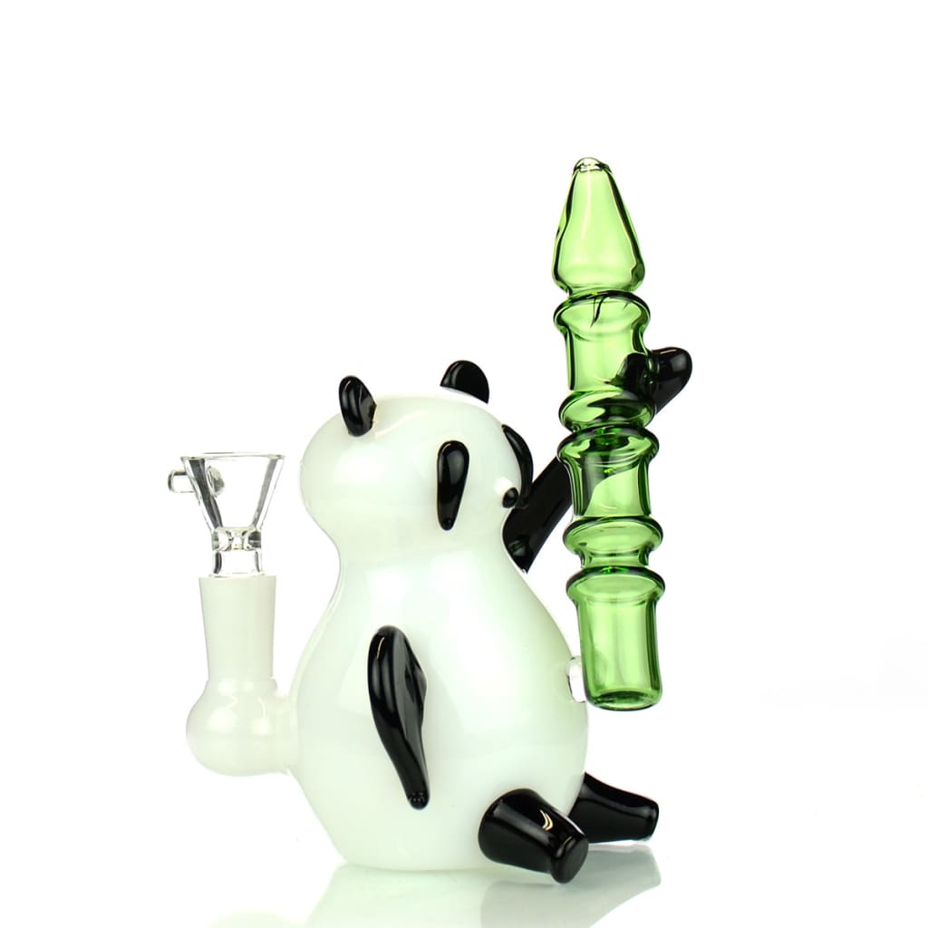 Glass panda bong with bamboo stem, featuring a tall 14mm male bowl