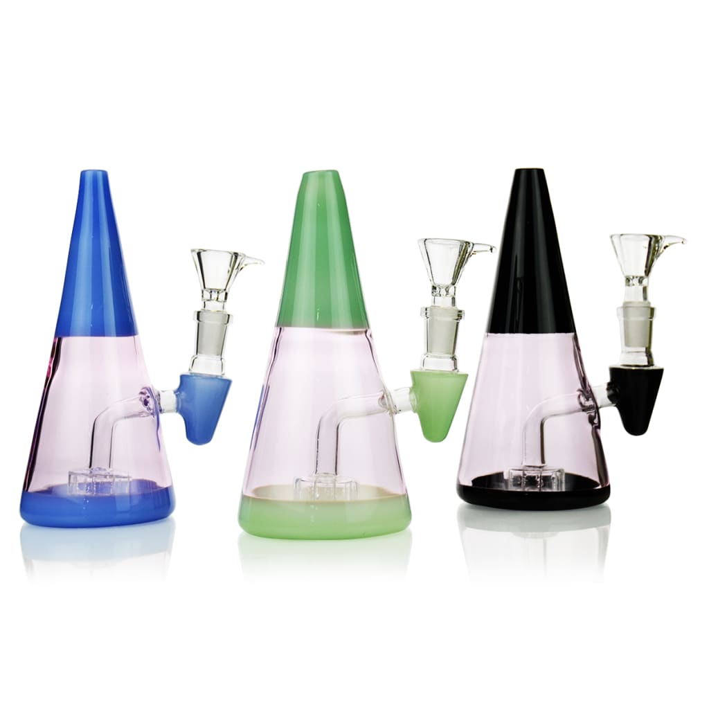 Three colorful glass bongs with Puffco Peak Bong showerhead perc