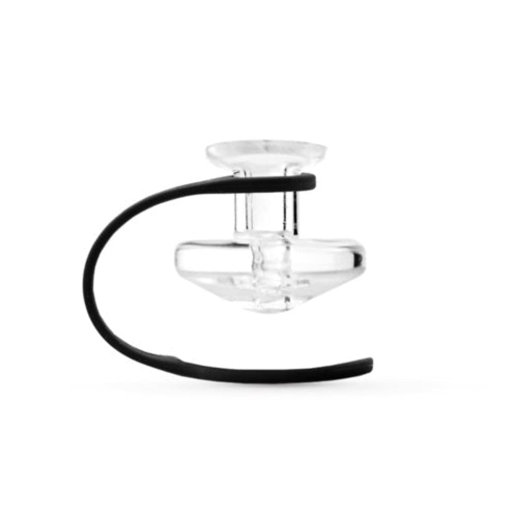 Hand-blown borosilicate glass Puffco Peak carb cap with black metal holder increases air velocity