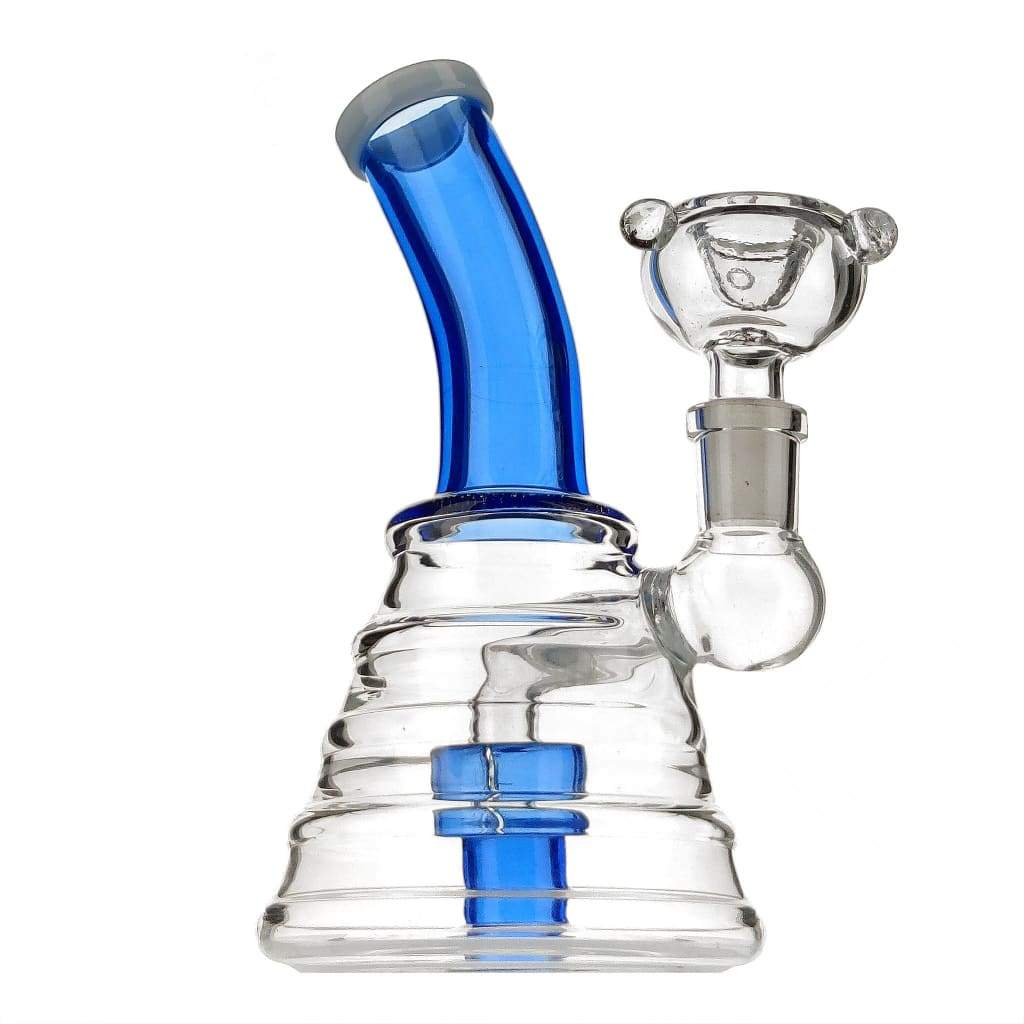 Sturdy beaker bong with colored bent neck, glass chamber body, blue accents, beehive percolator