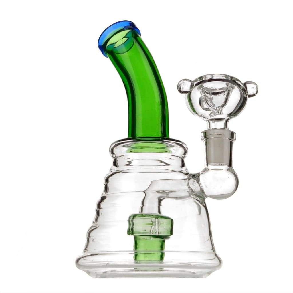 Sturdy beaker bong with colored bent neck and glass chamber body