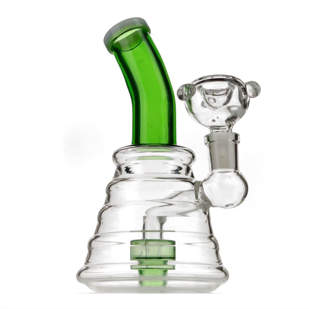 Sturdy beaker bong with colored bent neck, beehive percolator and green accents