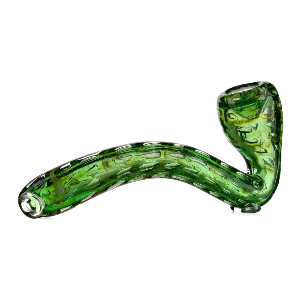 Handmade quilted glass sherlock pipe with textured, curved green body and unique design