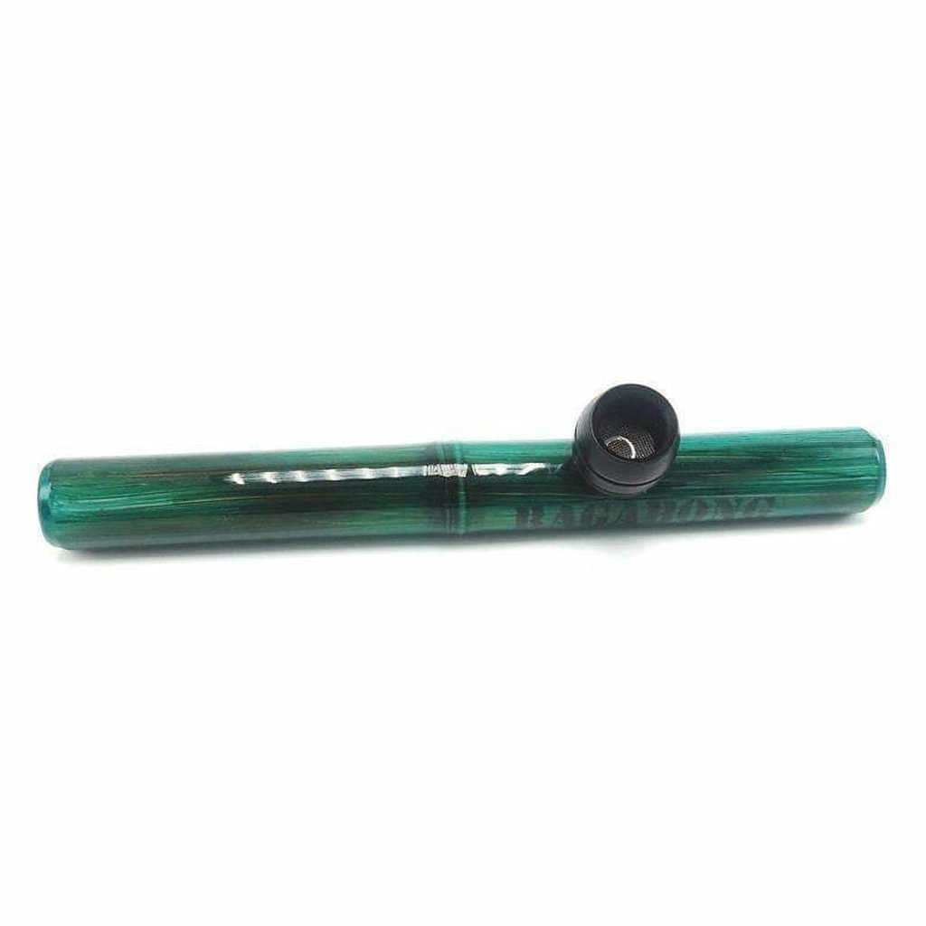 Emerald green glass bamboo steamroller with black mouthpiece and wood bowl