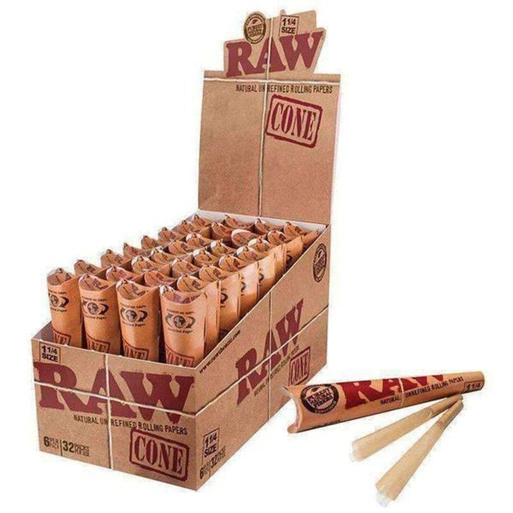 Box of Raw Classic 1¼ Cones featuring Raw’s precision-crafted pre-rolled papers