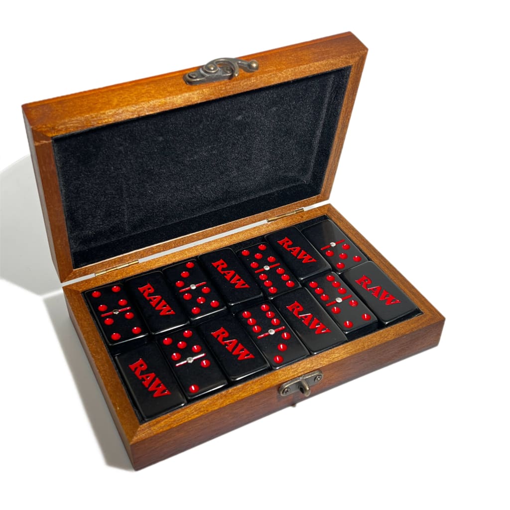 Wooden box with black dominoes, red dots, and ’RAW’ text – Raw Double Six Dominoes Set