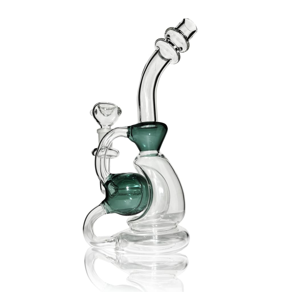Clear glass recycler double body dab rig with teal accents for sophisticated smokers