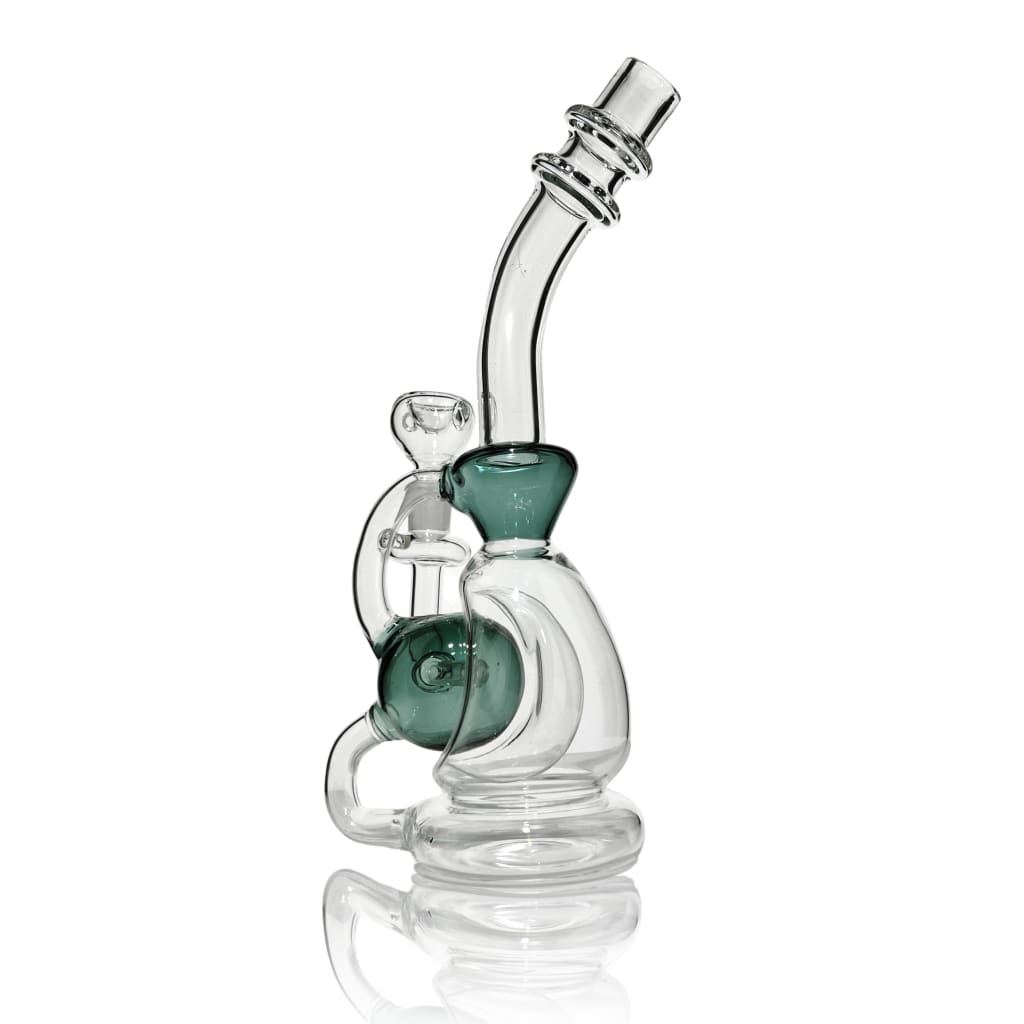 Clear glass recycler double body dab rig with teal accents
