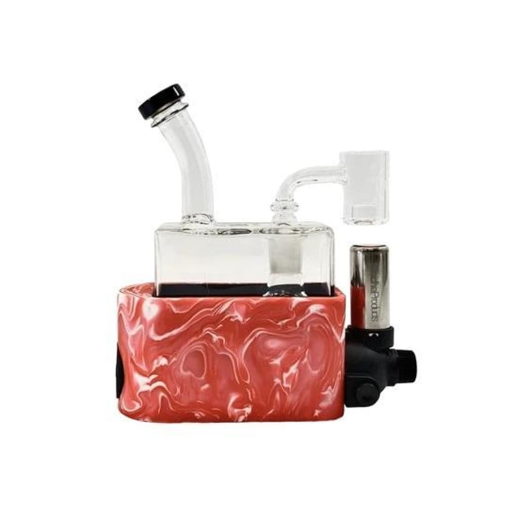Red marble rio dab rig with curved neck and quartz banger by Stache Products