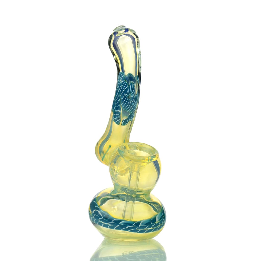 Silver fume glass Sherlock bubbler with yellow and blue swirling twisting art design
