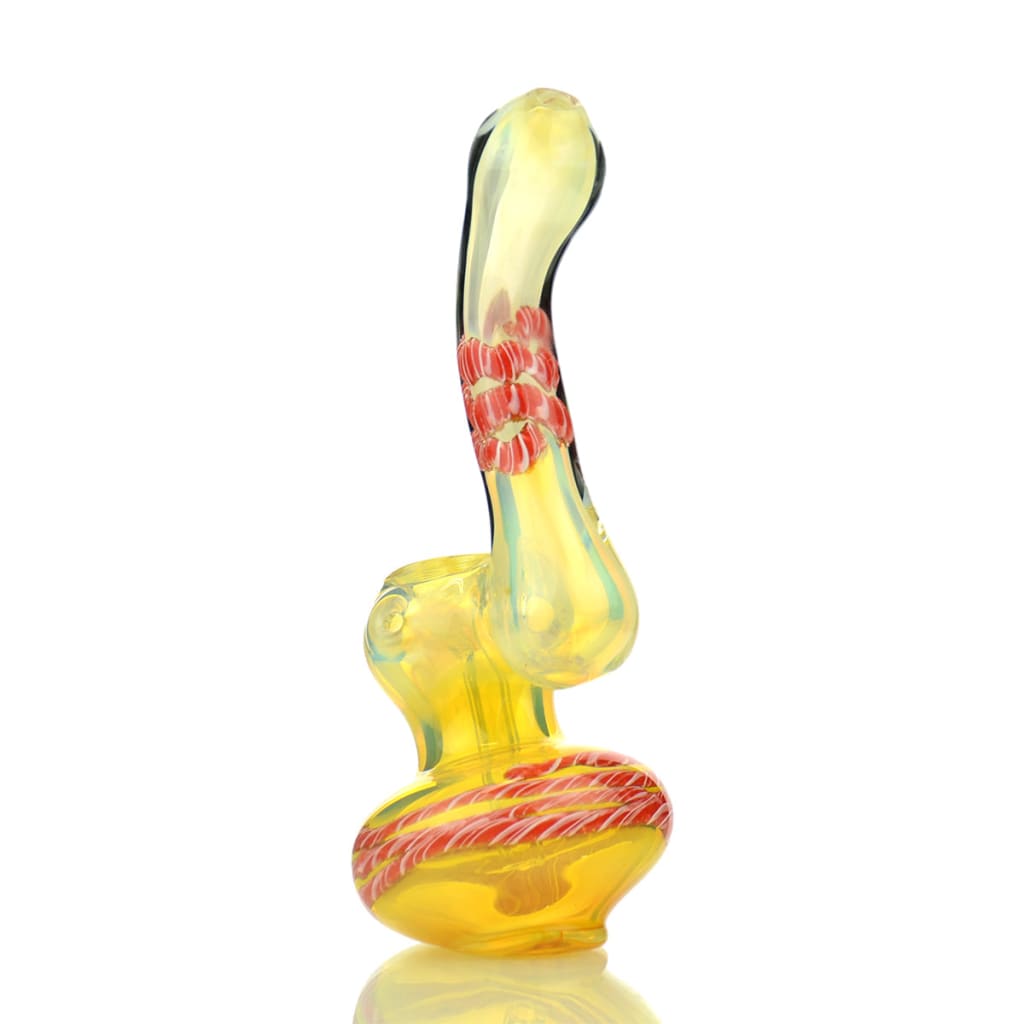 Silver fume glass Sherlock bubbler with yellow coloration and red glass twisting art accents