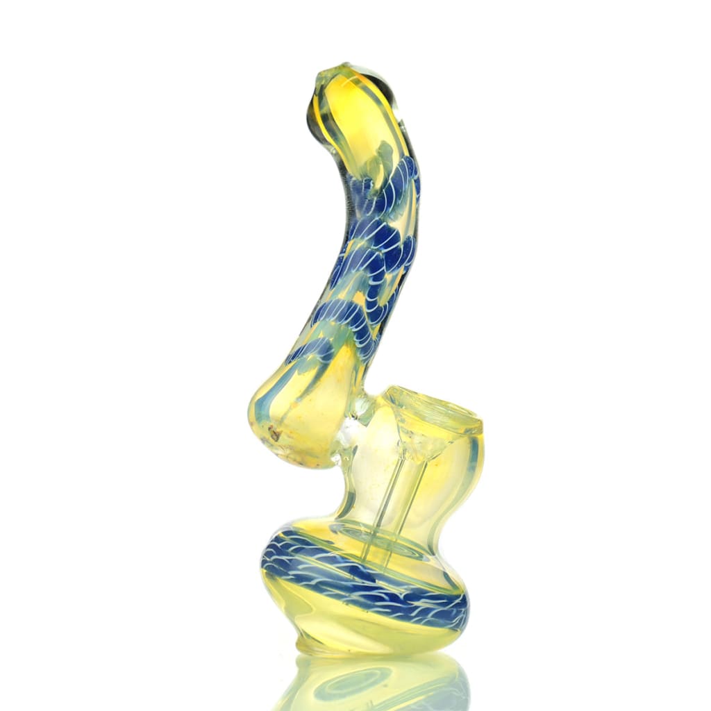 Silver fume glass Sherlock bubbler with yellow and blue twisting art