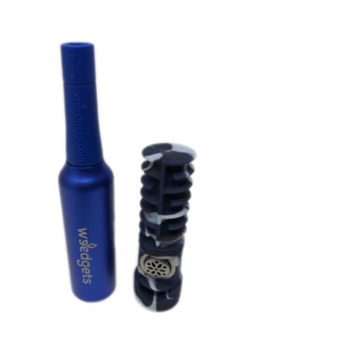 Blue metal vaporizer pen for weed with detachable black mouthpiece - retractable weed pipe