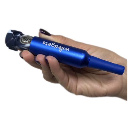 Blue metal water filter straw by Wedgets for a retractable weed pipe, held in hand