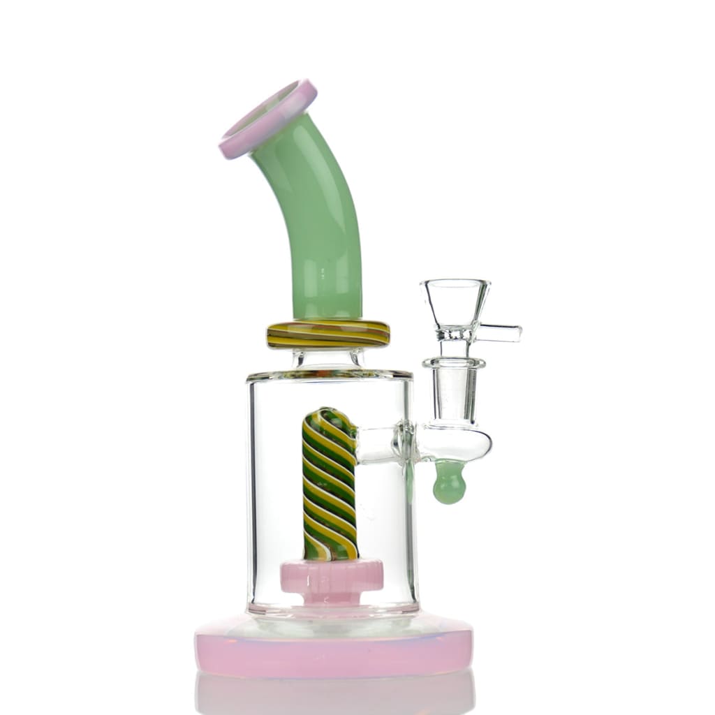 Glass Slim Reverse 8 Showerhead Water Pipe with green curved neck and pink accents