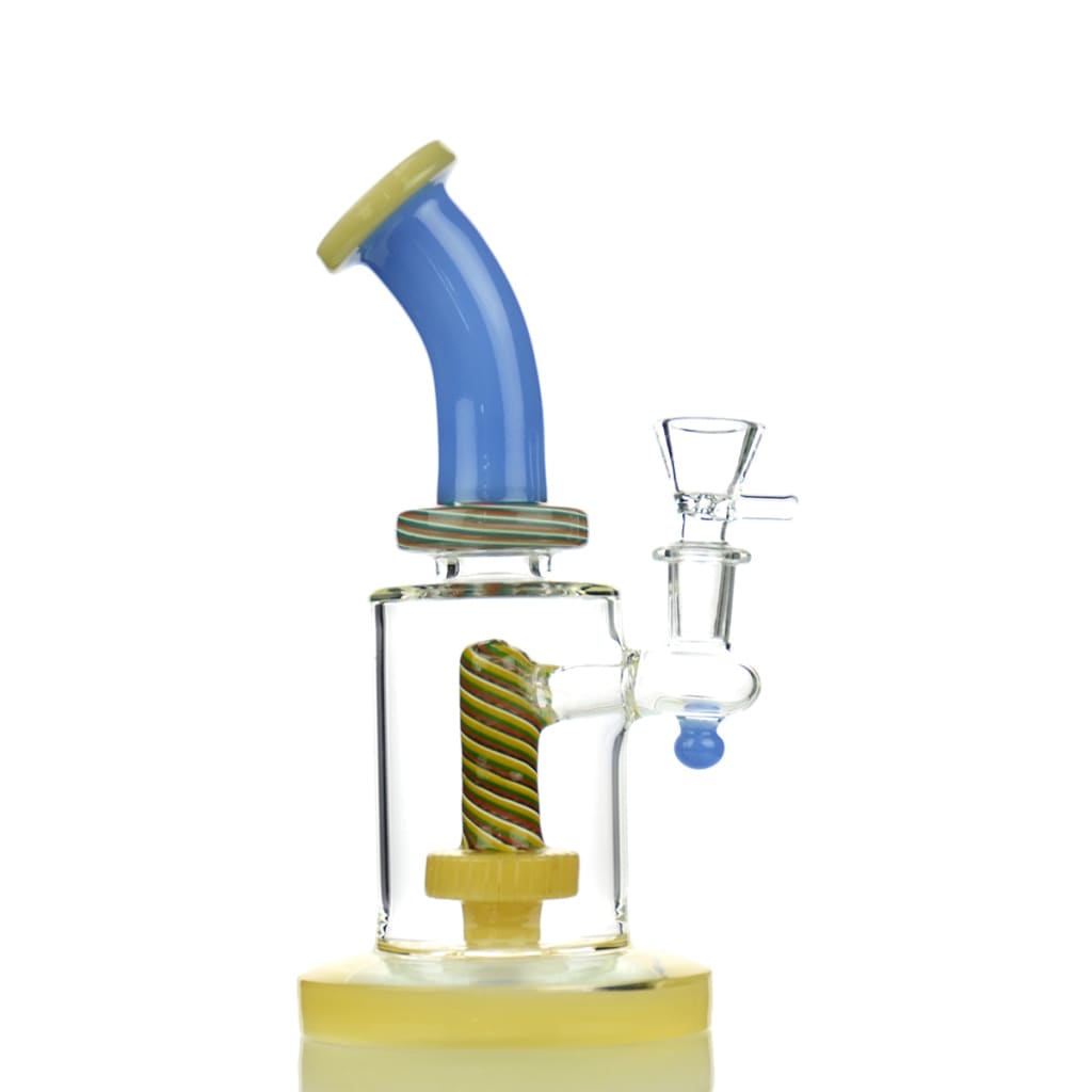 Glass Slim Reverse 8 Showerhead Water Pipe with Blue Curved Neck and Yellow Accents