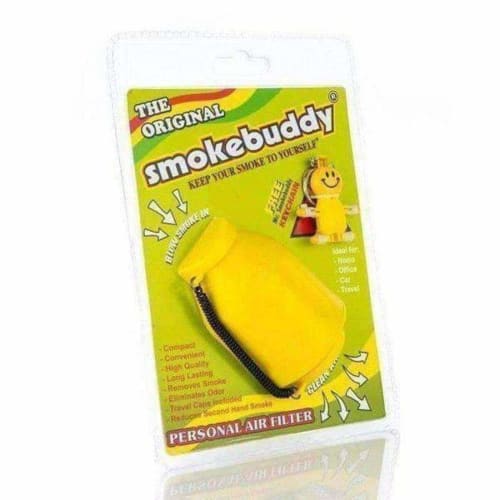 SmokeBuddy Original yellow air filter keychain with LED light and travel case