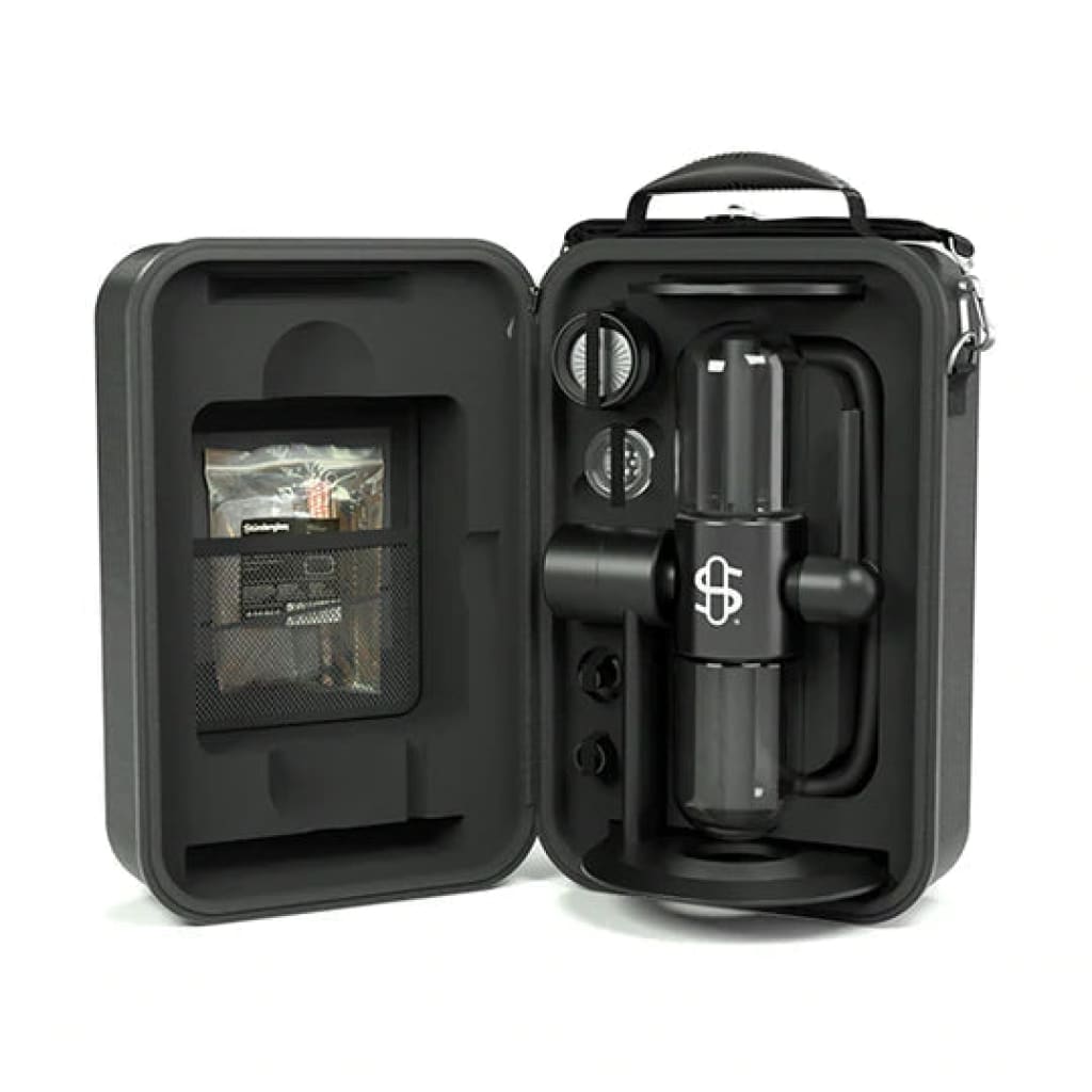 Portable cannabis vaporizer kit in black case with Stündenglass Gravity Hookah, rotating glass hookah