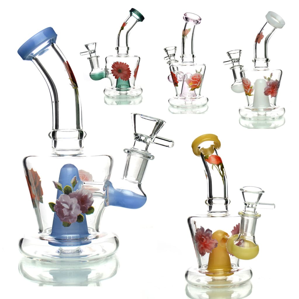 Glass water pipes with vibrant floral designs for the sticker water pipe with 14mm male bowl