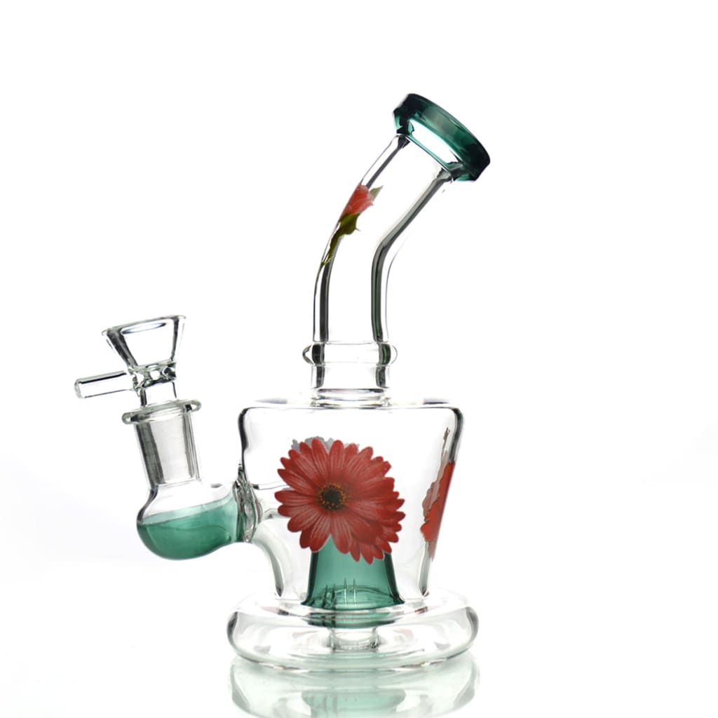 Glass flower sticker water pipe with red flower design and 14mm male bowl